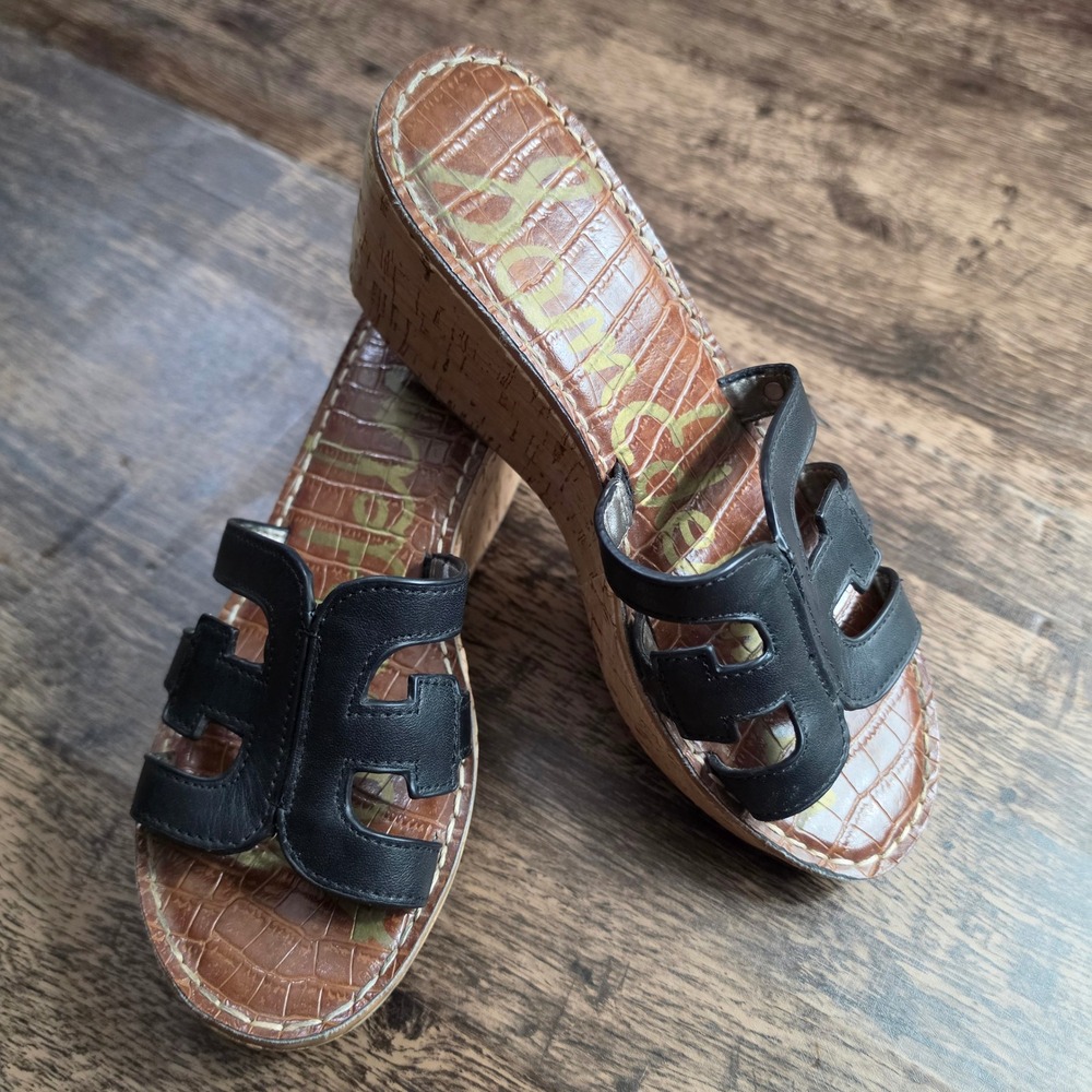 SAM EDELMAN Regis Wedge Sandals Women‎ 8 Black Leather Cork Platform Slides